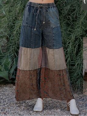 YOUNG THREADS Patchwork Denim Multicolor Floral Plaid Boho Wide Leg Pants